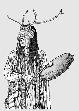 Shaman with Drum Black and White