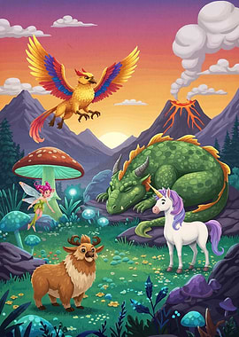 Fantasy Creatures Cartoon Landscape