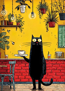 Cat Waiter Serving Coffee