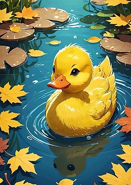 Cute Duckling Autumn Pond