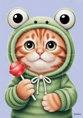 Cute Cat in Frog Hoodie with Lollipop