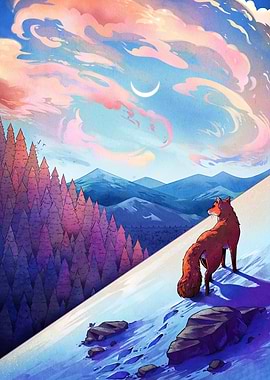 Fox in Snowy Mountain Landscape