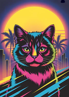 Retro Cat Portrait with Sunset
