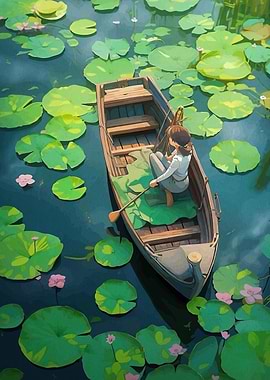 Girl Boat Among Lily Pads