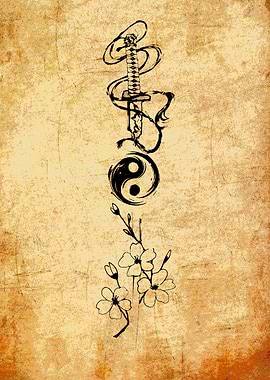 Samurai Sword, Yin Yang, Cherry Blossoms