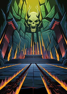 Cartoon Hellscape with Skull and Chains