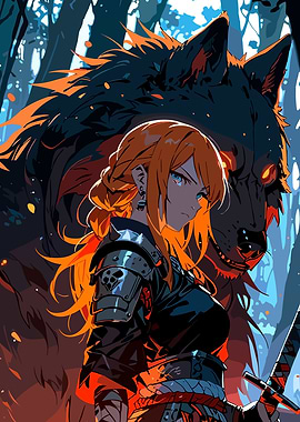Anime Warrior with Wolf Companion