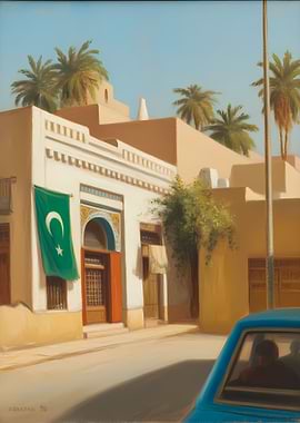 Street scene with flag and car