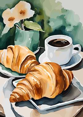 Coffee and Croissants Still Life Painting