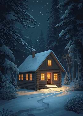 Winter Cabin in Snowy Woods