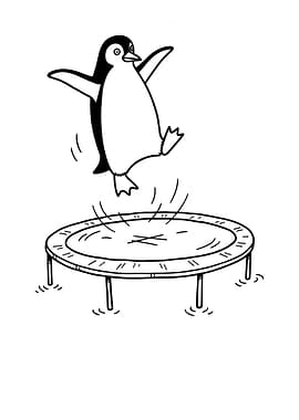 Penguin Jumping on Trampoline Line Art