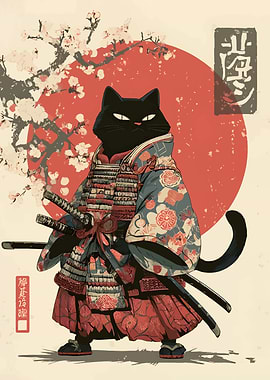 Samurai Cat with Cherry Blossoms