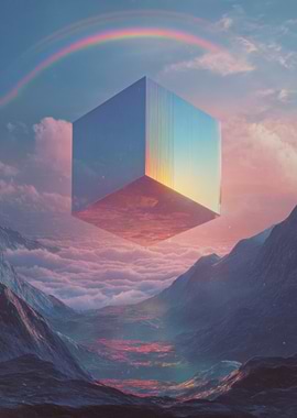 Surreal Cube Landscape with Rainbow