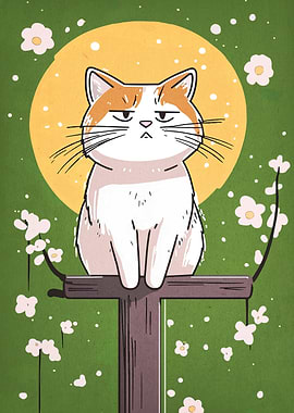 Grumpy Cat on Perch with Flowers