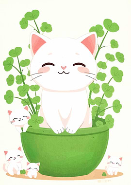 Cute Cats in a Pot of Clovers