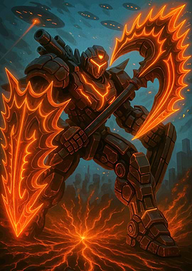 Fiery Robot Warrior Axes