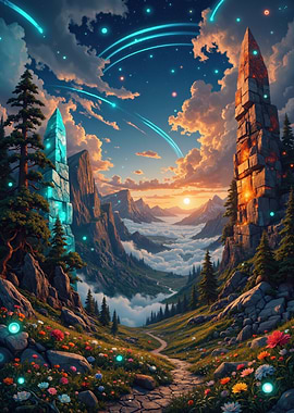 Fantasy Landscape with Glowing Towers