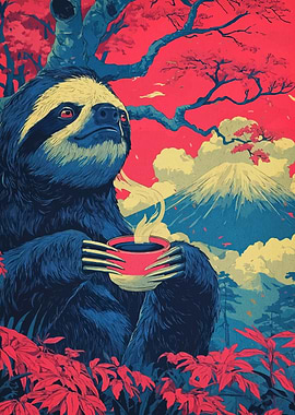 Sloth with Coffee and Mount Fuji