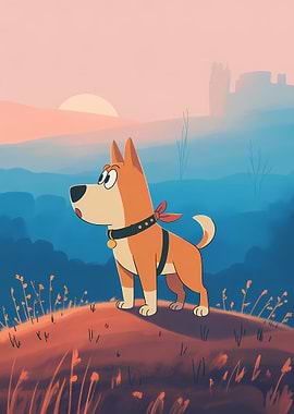 Cartoon Dog on Hill at Sunset