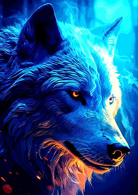 Blue and White Wolf Portrait
