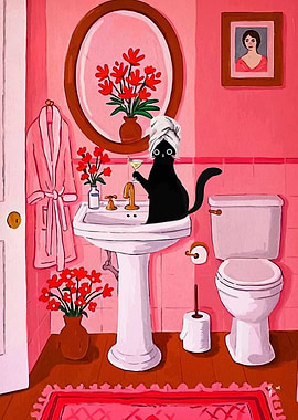 Cat in Bathroom with Cocktail