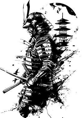 Samurai Warrior with Pagoda Illustration