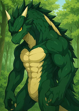 Muscular Green Dragon Anthro Forest