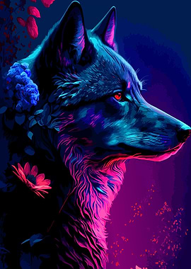 Neon Wolf Portrait with Floral Accents