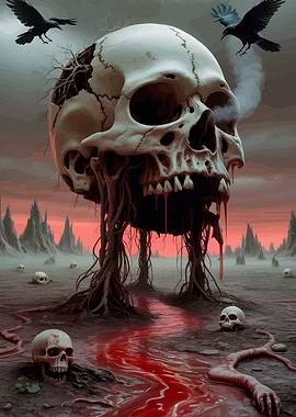 Skull landscape with crows and blood