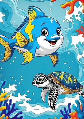 Cartoon Fish Turtle Underwater Scene