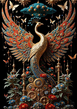 Ornate Golden Peacock with Floral Accents