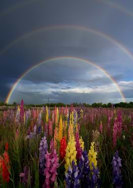 Rainbow over colorful flower field