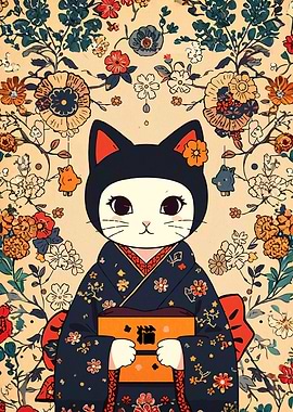 Cat in Kimono with Floral Background