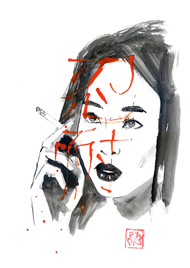 Asian Woman Smoking Ink Art