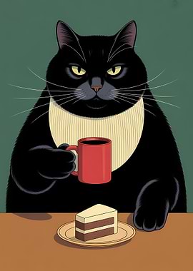 Black Cat with Coffee and Cake