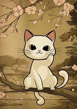 Cartoon Cat on Branch with Flowers