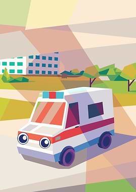 Cartoon Ambulance in Geometric Landscape