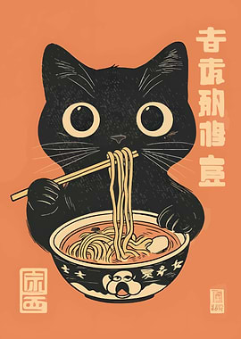 Black Cat Eating Ramen