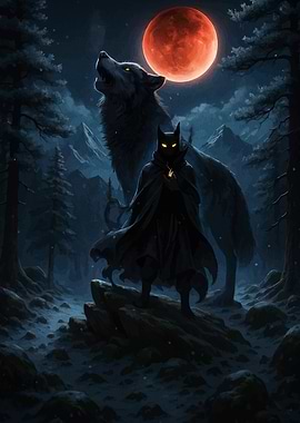 Mystical Figure with Wolf under Blood Moon