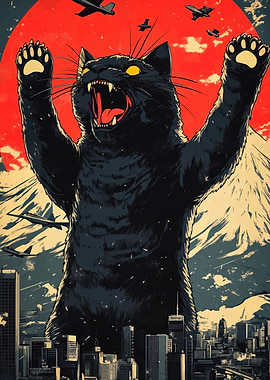 Giant Cat Roaring Over Cityscape