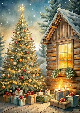 Christmas Tree and Cabin Watercolor