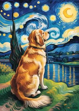 Golden Retriever in Starry Night Style