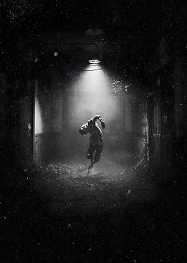 Monochrome Figure in Dark Hallway