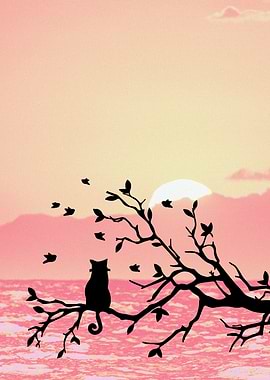 Cat Silhouette on Branch at Sunset