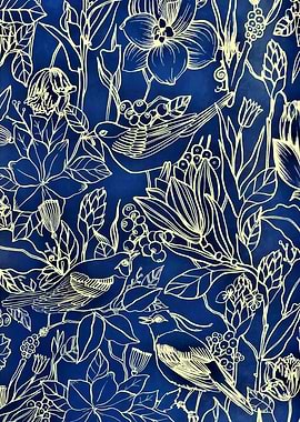 Birds Spring Floral Blossom Dark Blue