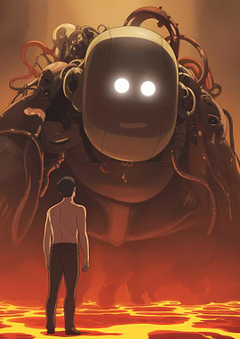 Man Confronting Giant Robot in Fiery Landscape