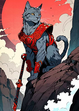 Samurai Cat Warrior on Mountain Peak