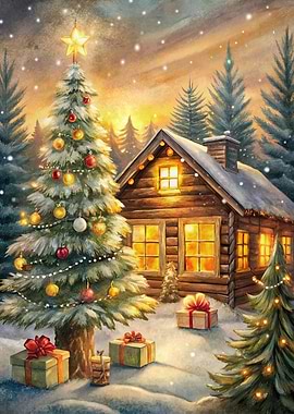 Christmas Cabin in Snowy Woods