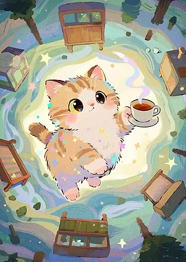 Cute Cat with Tea Cup Illustration