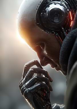 Pensive Android with Metallic Hands